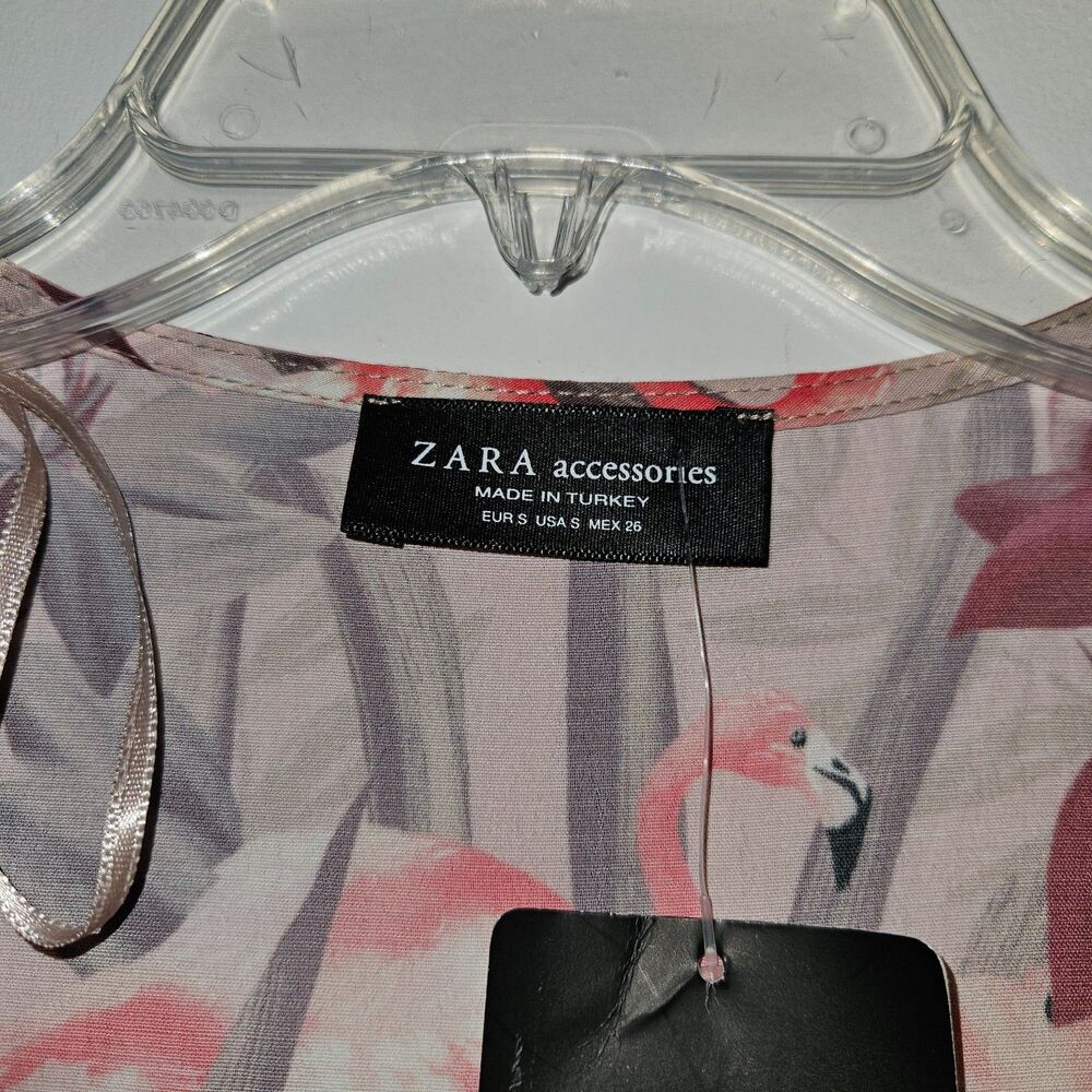 ZARA Pink Floral and Flamingo Front Tie Crop Top Small - Picture 2 of 3